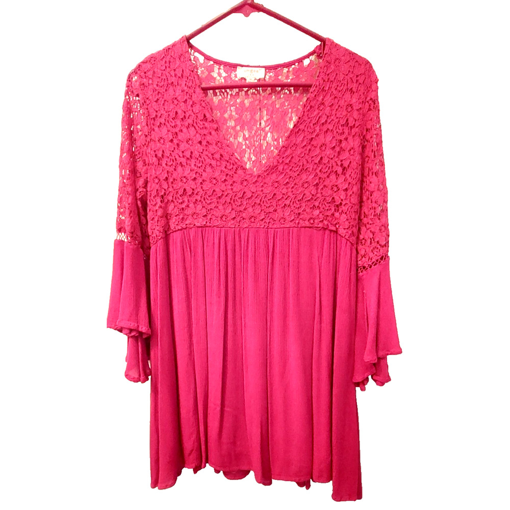 Umgee‎ Lacey Mini Dress Pink Size M Ruffle Longer Sleeve Boho